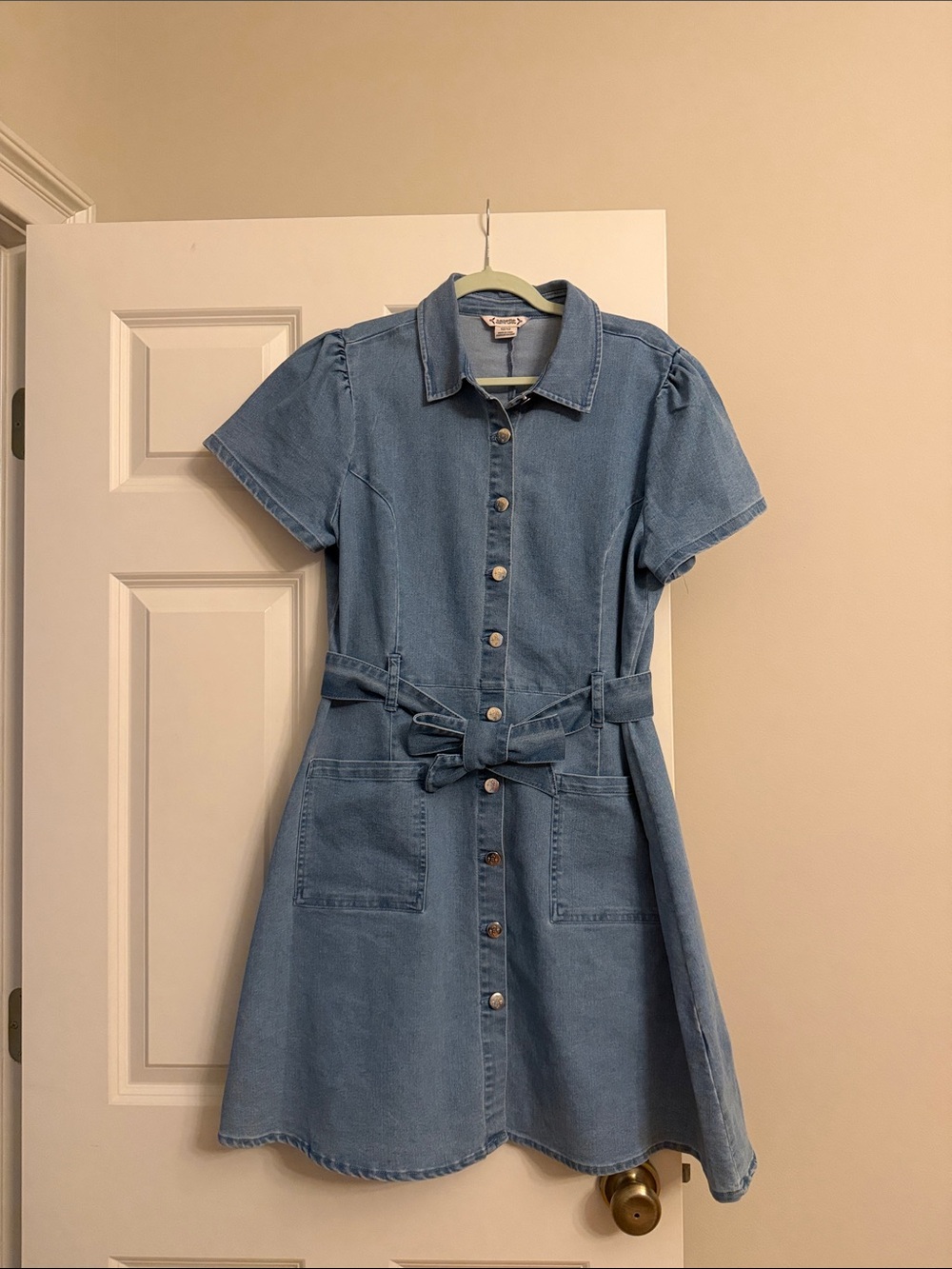 Nannette Light Blue Denim Button-Up Mini Dress with Tie Belt